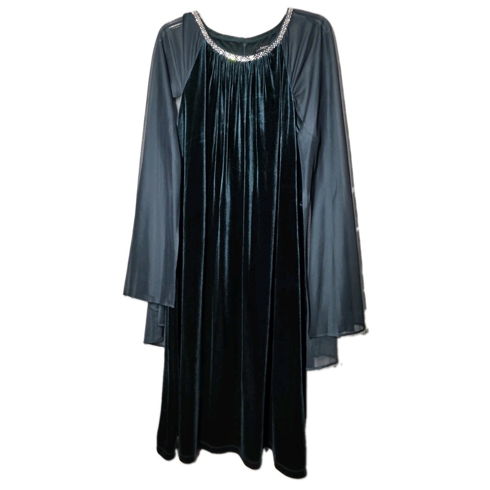 R&M Richards Velvet Sheer Cape Dress Rhinestone Neck Green Plus 22W